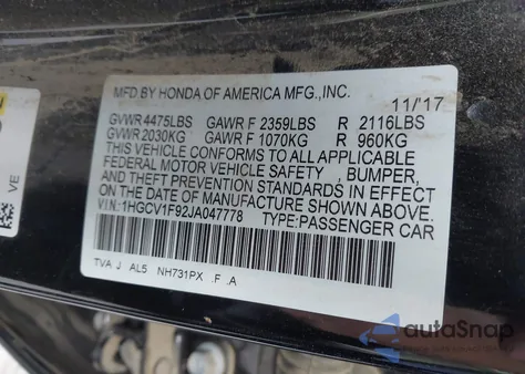 2018 Honda Accord Touring from USA, damaged, VIN 1HGCV1F92JA047778